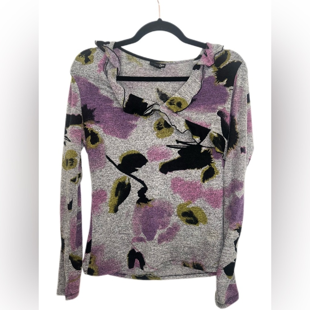 Vintage East 5th purple &‎ gray Floral Ruffle Long Sleeve Top Size S
